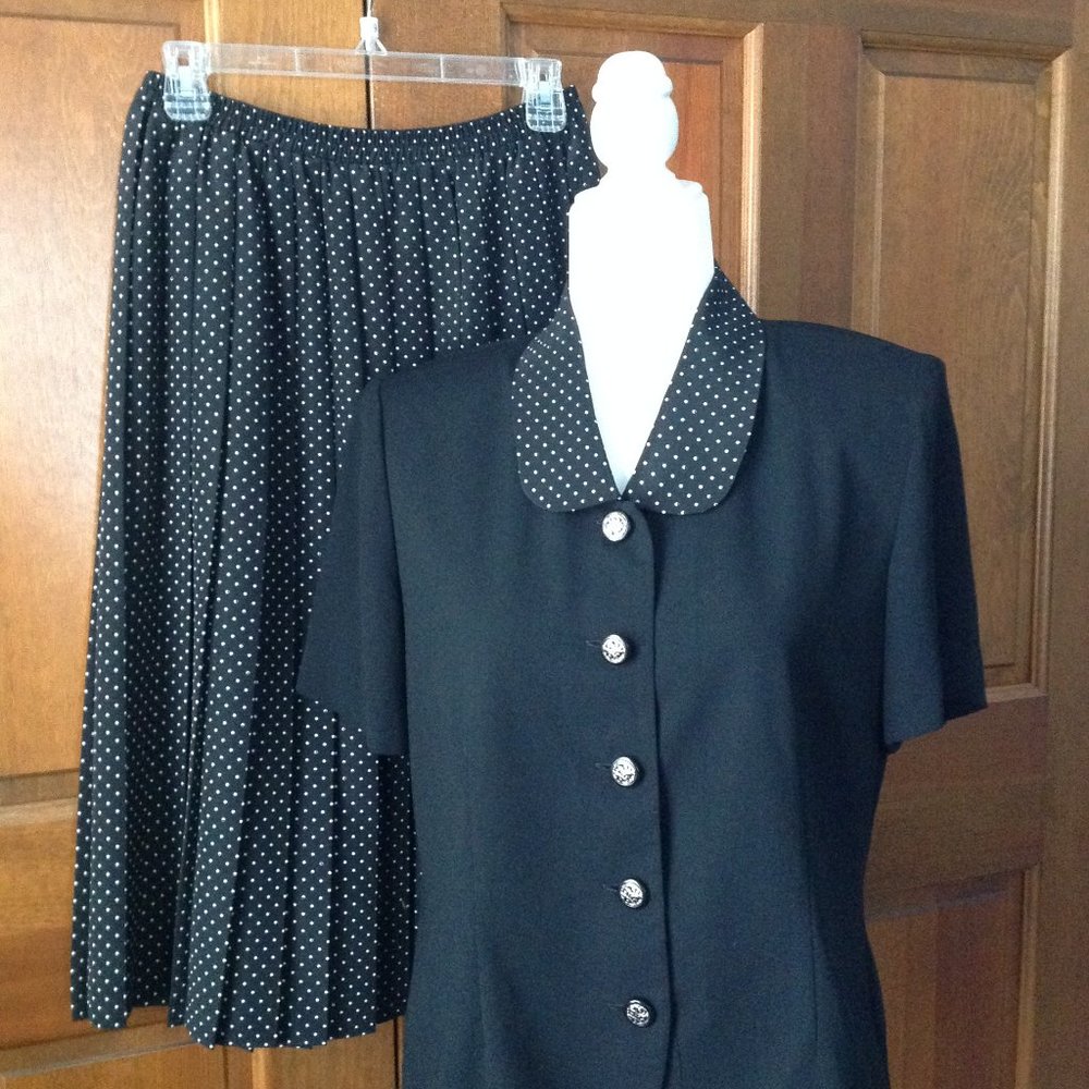 Leslie Faye 2 PC Short Sleeve Jacket w/ Pleated Skirt, Black & White size 12P